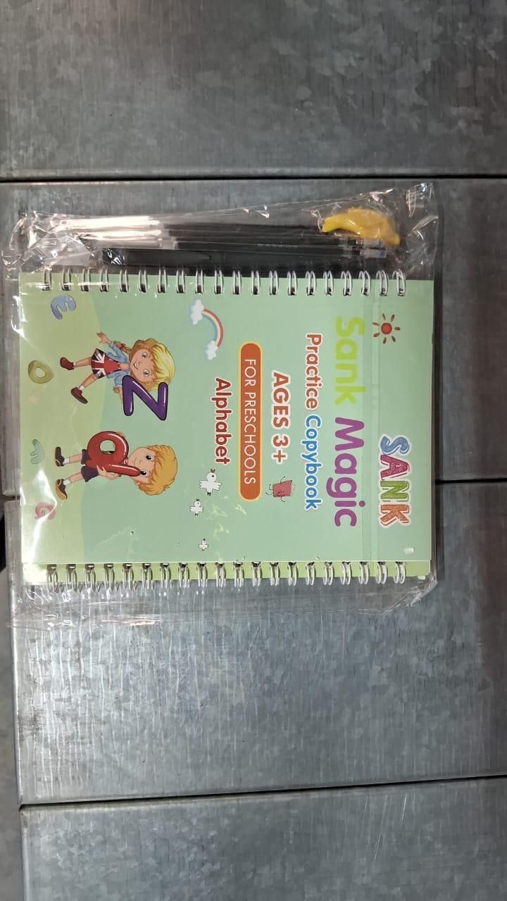 Sank Magic Practice Copybook Set (4 Books + 1 Pen + 1 Grip + 10 Refills) | Reusable Handwriting Improvement Kit for Kids
