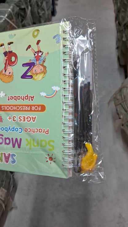 Sank Magic Practice Copybook Set (4 Books + 1 Pen + 1 Grip + 10 Refills) | Reusable Handwriting Improvement Kit for Kids