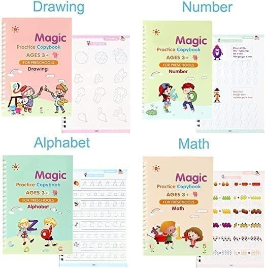 Sank Magic Practice Copybook Set (4 Books + 1 Pen + 1 Grip + 10 Refills) | Reusable Handwriting Improvement Kit for Kids