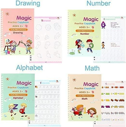 Sank Magic Practice Copybook Set (4 Books + 1 Pen + 1 Grip + 10 Refills) | Reusable Handwriting Improvement Kit for Kids
