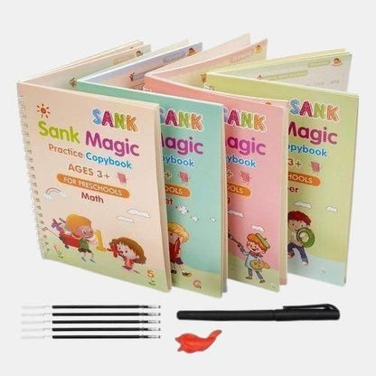 Sank Magic Practice Copybook Set (4 Books + 1 Pen + 1 Grip + 10 Refills) | Reusable Handwriting Improvement Kit for Kids