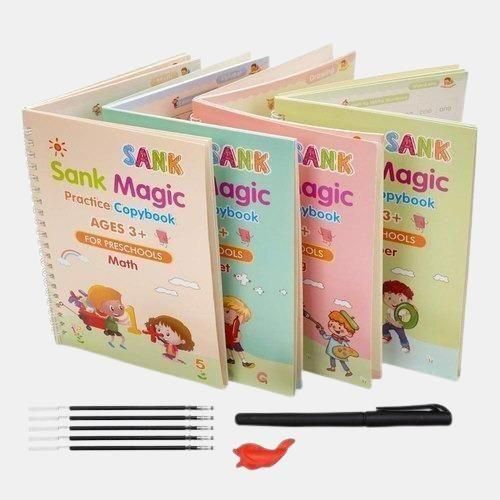 Sank Magic Practice Copybook Set (4 Books + 1 Pen + 1 Grip + 10 Refills) | Reusable Handwriting Improvement Kit for Kids