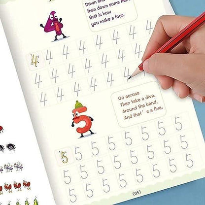 Sank Magic Practice Copybook Set (4 Books + 1 Pen + 1 Grip + 10 Refills) | Reusable Handwriting Improvement Kit for Kids